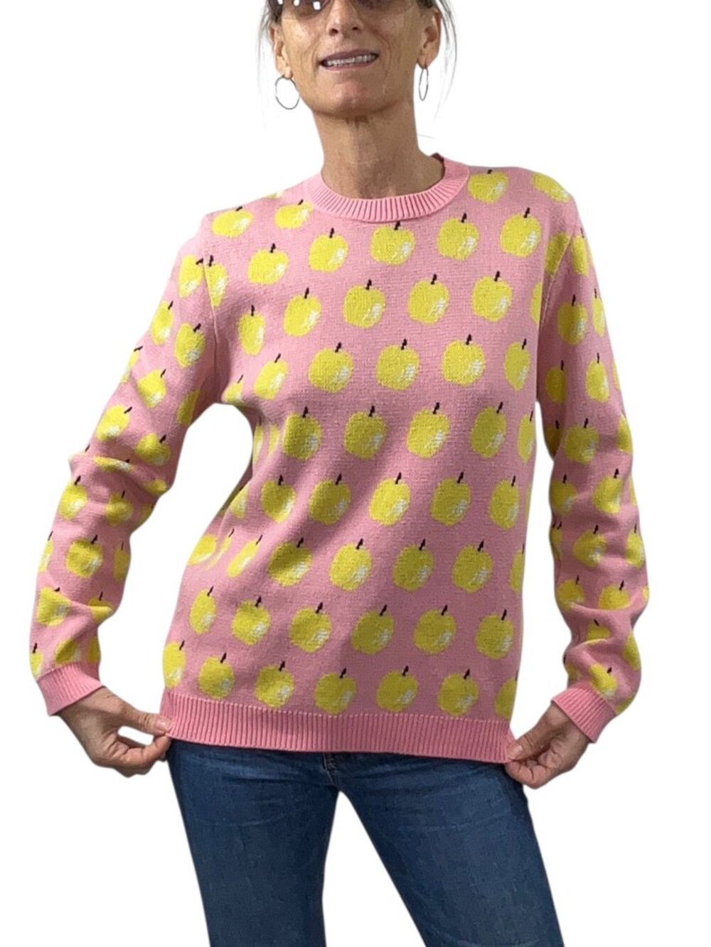 United Colors Of Benetton Sweater M Pink Yellow Fruit Cotton Crewneck
